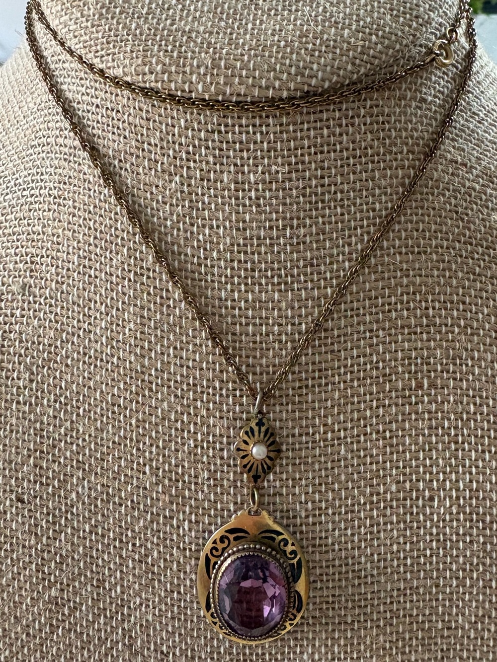 Speidel 12K GF Vintage Pendant Necklace with Purple Stone and Faux Pearl